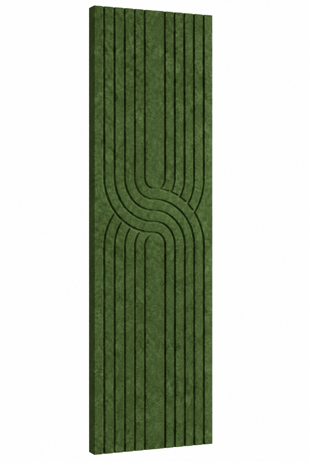 Mosgroen akoestisch Japandi viltpaneel met verticale groeven en sierlijk gebogen lijnpatroon, 280 × 60 cm. Mosgroen akoestisch Japandi viltpaneel met verticale groeven en sierlijk gebogen lijnpatroon, 280 × 60 cm.