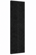 Zwart akoestisch Japandi viltpaneel met verticale groeven en sierlijk gebogen lijnpatroon, 280 × 60 cm.