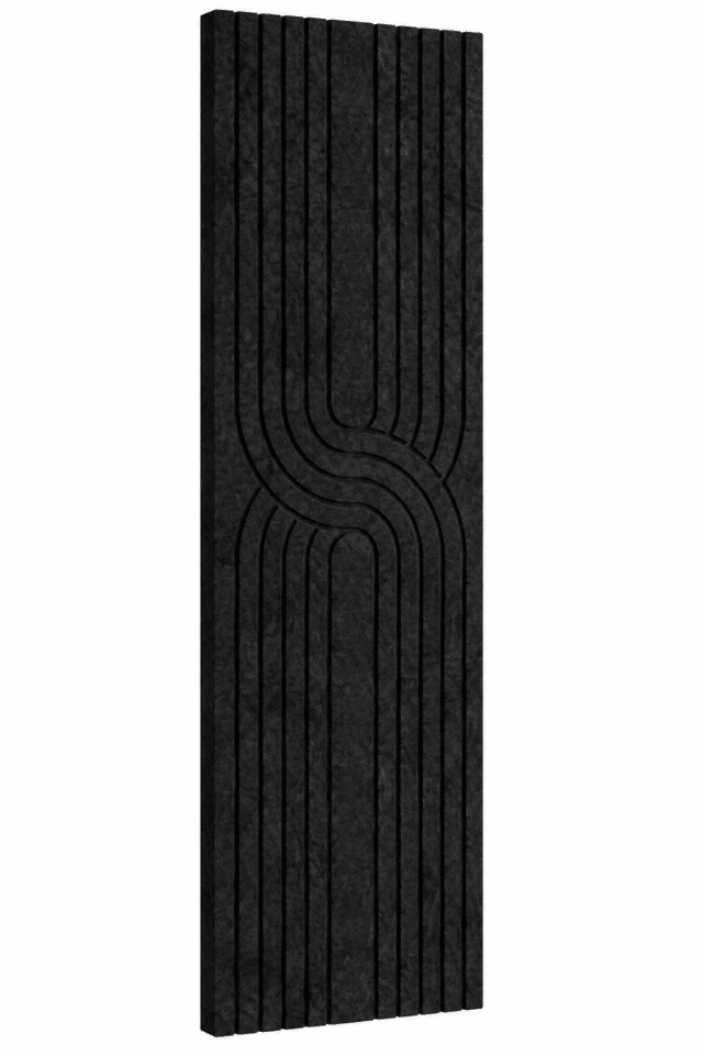 Zwart akoestisch Japandi viltpaneel met verticale groeven en sierlijk gebogen lijnpatroon, 280 × 60 cm.