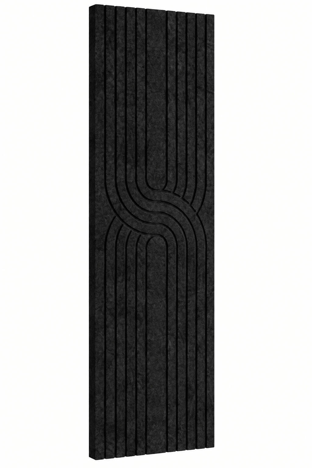 Zwart akoestisch Japandi viltpaneel met verticale groeven en sierlijk gebogen lijnpatroon, 280 × 60 cm. Zwart akoestisch Japandi viltpaneel met verticale groeven en sierlijk gebogen lijnpatroon, 280 × 60 cm.