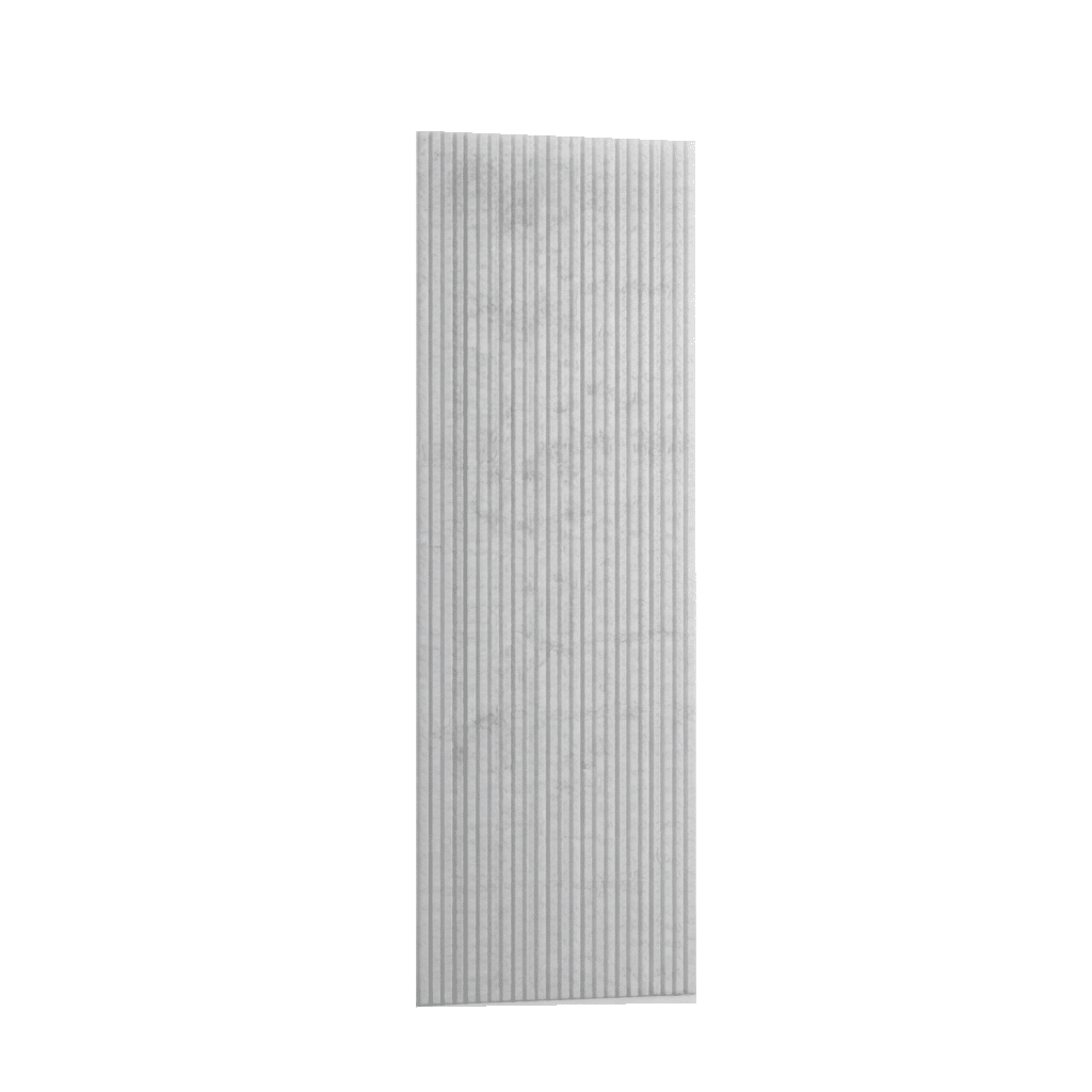 Lichtgrijs akoestisch PET-viltpaneel met verticale lijnen, 280 × 60 cm en 9 mm dik.