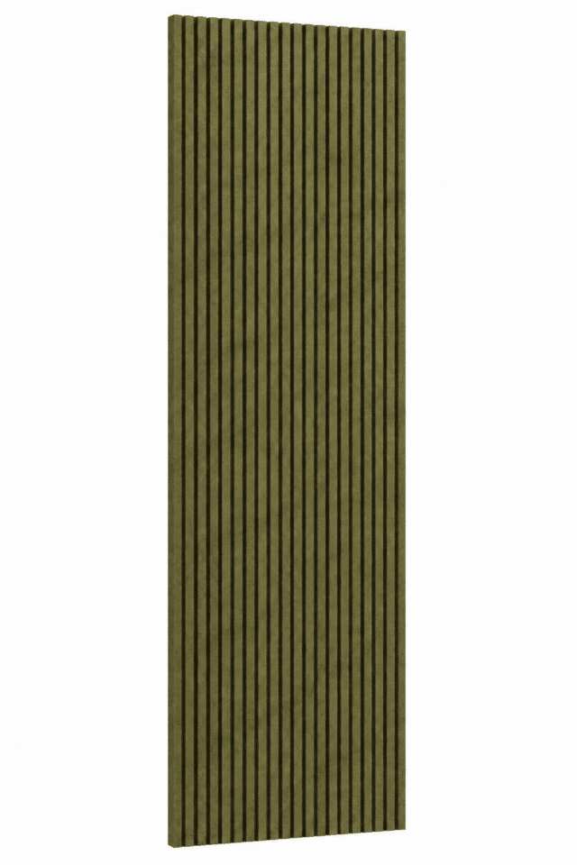 Mosgroen akoestisch PET-viltpaneel met verticale lijnen van 280 × 60 cm en 9 mm dik.