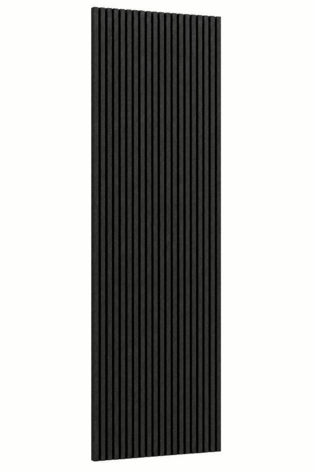 Zwart akoestisch PET-viltpaneel met verticale lijnen, 280 × 60 cm en 9 mm dik.