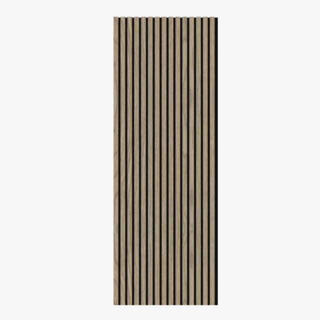 Akoestisch wandpaneel walnoot met houten latten en zwart vilt