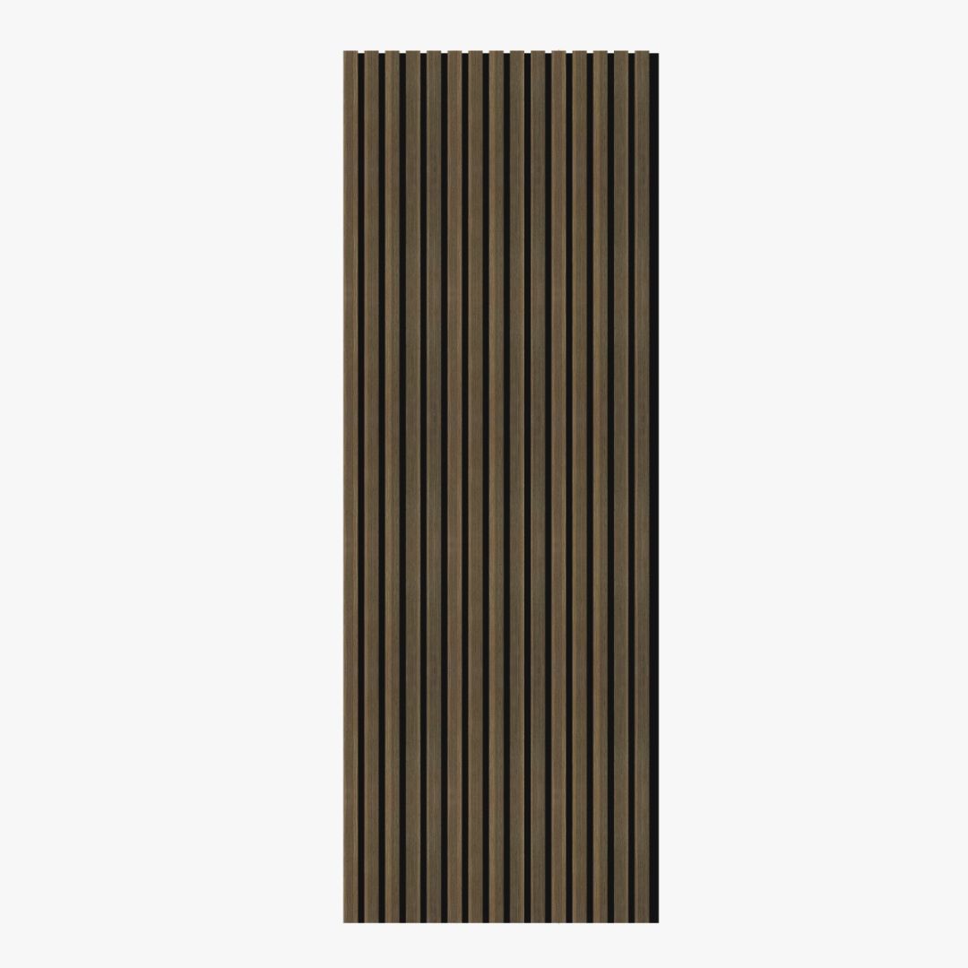 Akoestisch wandpaneel gerookt eiken Smoked Oak met houten latten en zwart vilt Akoestisch wandpaneel gerookt eiken Smoked Oak met houten latten en zwart vilt