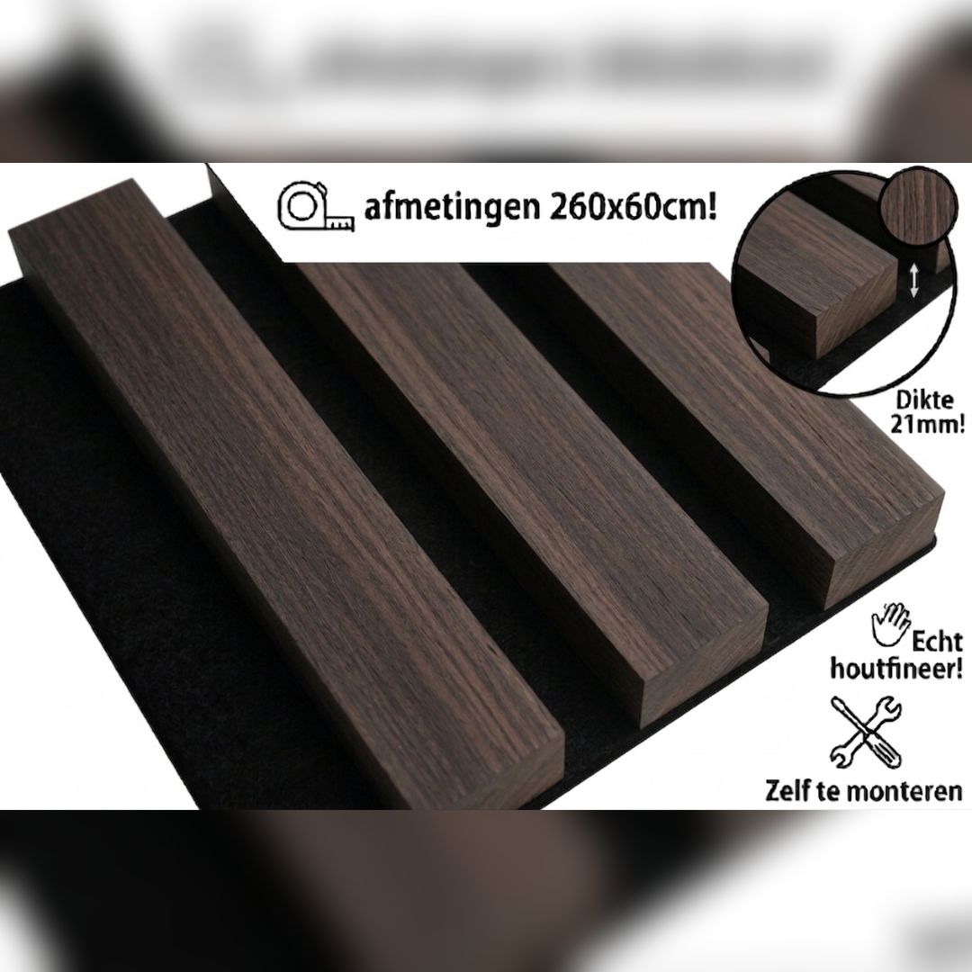 Akoestisch wandpaneel gerookt eiken Smoked Oak met houten latten en zwart vilt Akoestisch wandpaneel gerookt eiken Smoked Oak met houten latten en zwart vilt