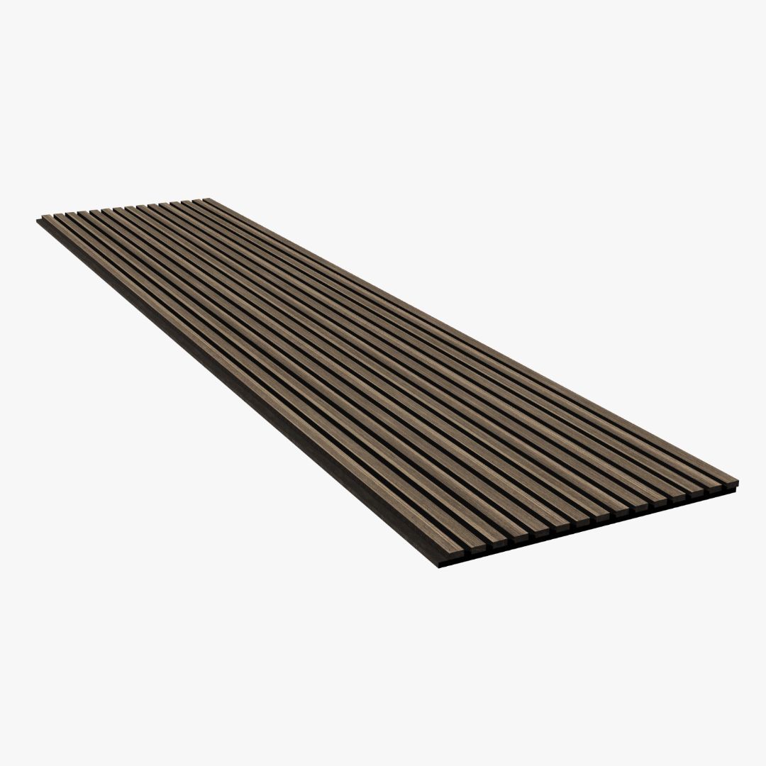 Akoestisch wandpaneel gerookt eiken Smoked Oak met houten latten en zwart vilt Akoestisch wandpaneel gerookt eiken Smoked Oak met houten latten en zwart vilt