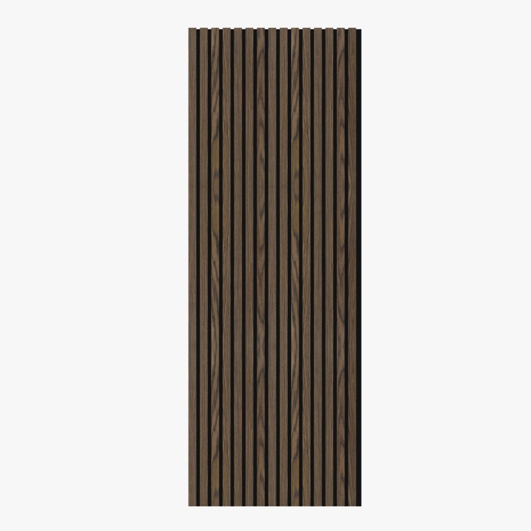 Akoestisch wandpaneel gerookt walnoot Smoked Walnut met zwarte vilten achterzijde Akoestisch wandpaneel gerookt walnoot Smoked Walnut met zwarte vilten achterzijde