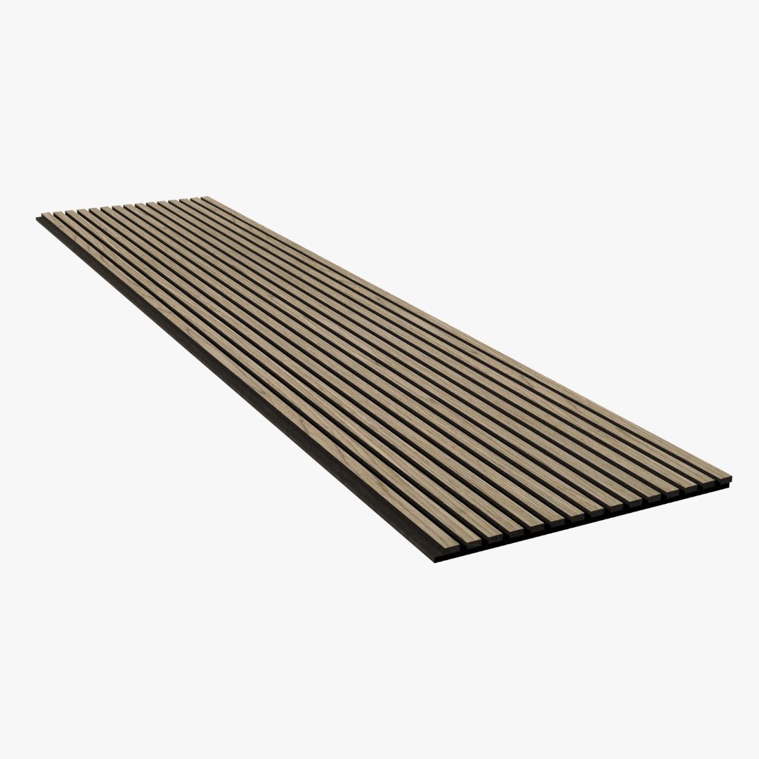 Akoestisch wandpaneel walnoot met houten latten en zwart vilt
