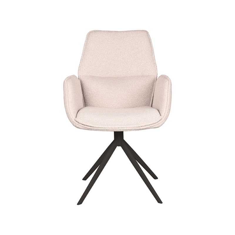 Eetkamerstoel Mellow van LABEL51 in naturel bouclé met taupekleurig metalen draaionderstel Eetkamerstoel Mellow van LABEL51 in naturel bouclé met taupekleurig metalen draaionderstel