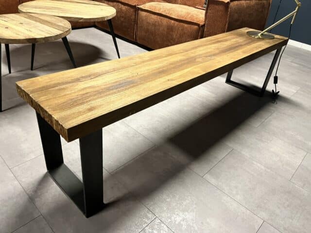 Eetkamerbank oud Teak en massief staal