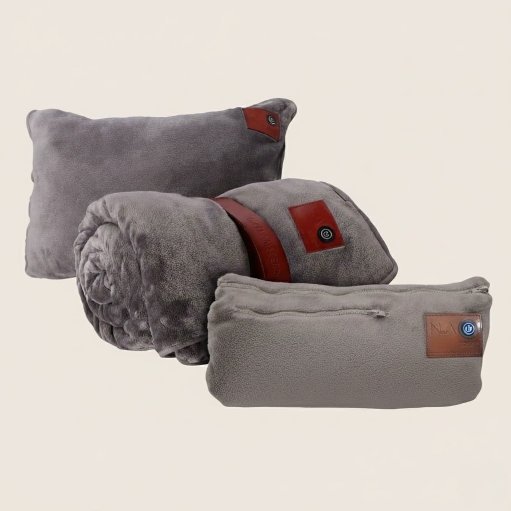 ensemble de prestations composé de 2 coussins chauffants infrarouges et d'une couverture de couleur grise