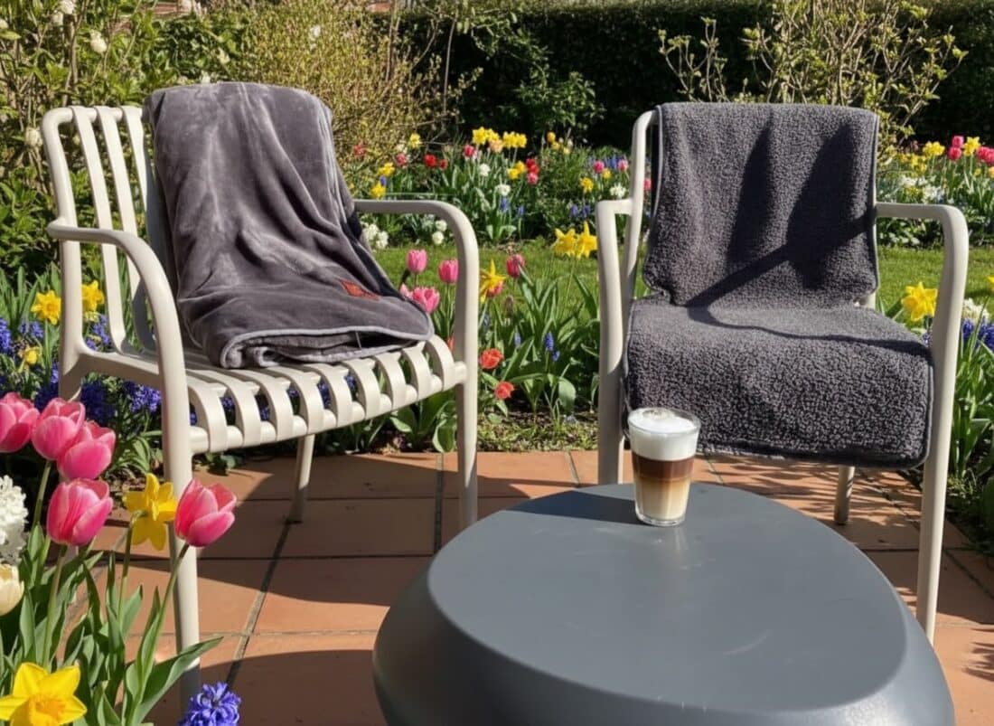 Eine Stuhlheizung und eine Infrarot-Heizdecke in einem Garten im Frühling