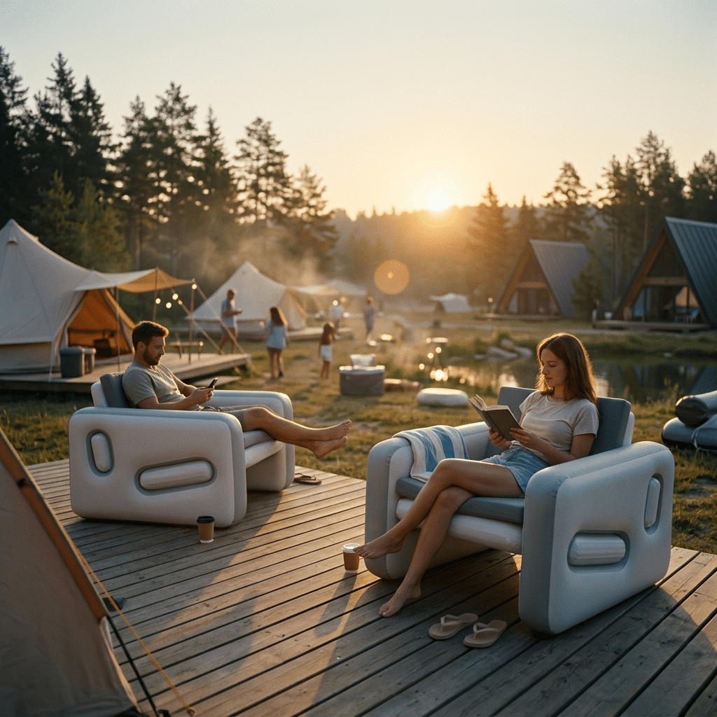 einen Satz luxuriöser aufblasbarer Liegestühle auf einem Campingplatz einen Satz luxuriöser aufblasbarer Liegestühle auf einem Campingplatz