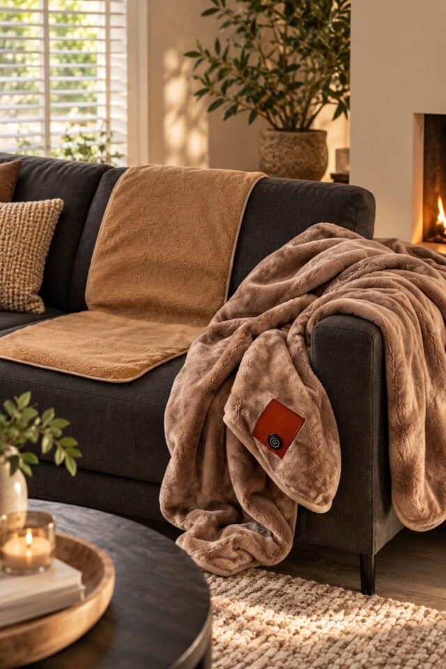 stoelverwarmer en warmtedeken op de bank in de kleur taupe