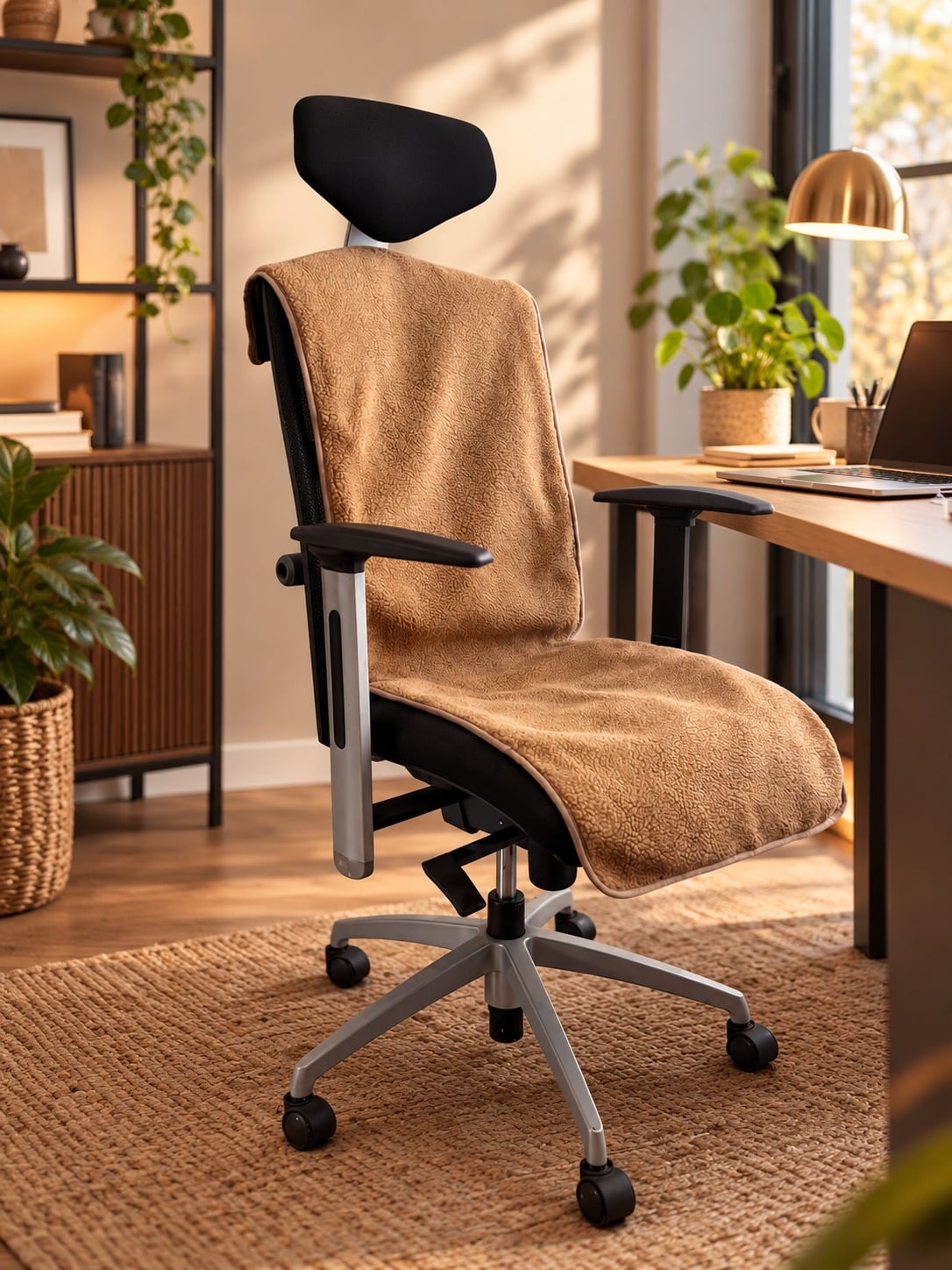 bureaustoel met hoofdsteun en taupe kleurige infrarood stoelverwarmer bureaustoel met hoofdsteun en taupe kleurige infrarood stoelverwarmer