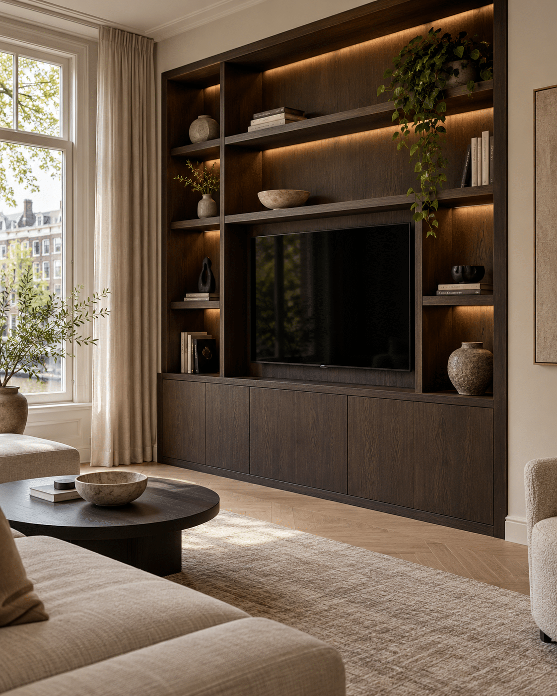 Sfeerimpressie: Wandmeubel in donker hout