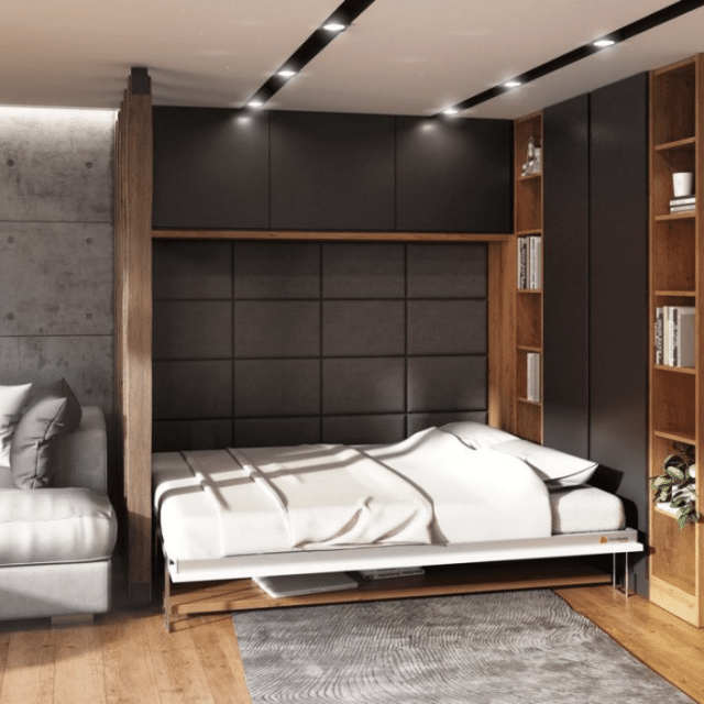 De bedkast Easy Desk naar beneden uitgeklapt als bed