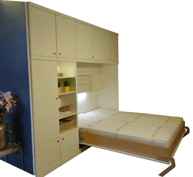 The wall bed BredaNova-Rivatop with a huge amount of storage space in the side and top cabinets can be folded in and out