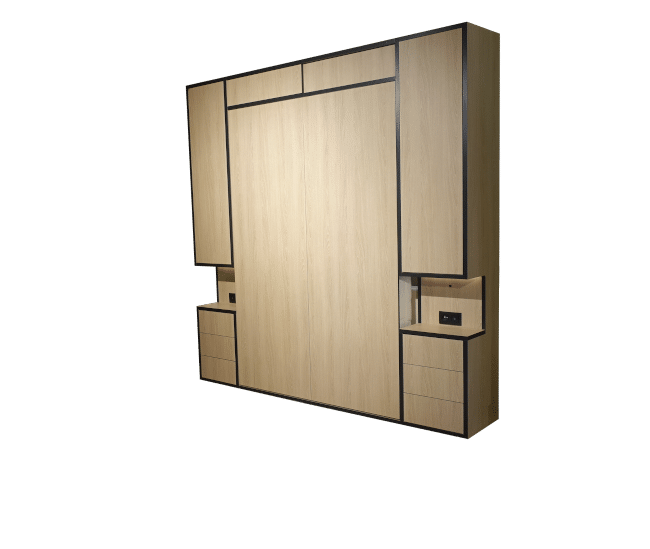 all cupboards closed and the bed folded up at the wall bed Panorama