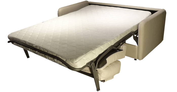 het uitgeklapte bed met aparte matras van de slaapbank New Scandic