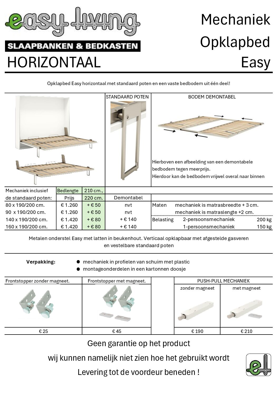 Prijskaart Opklapbed Easy Horizontaal