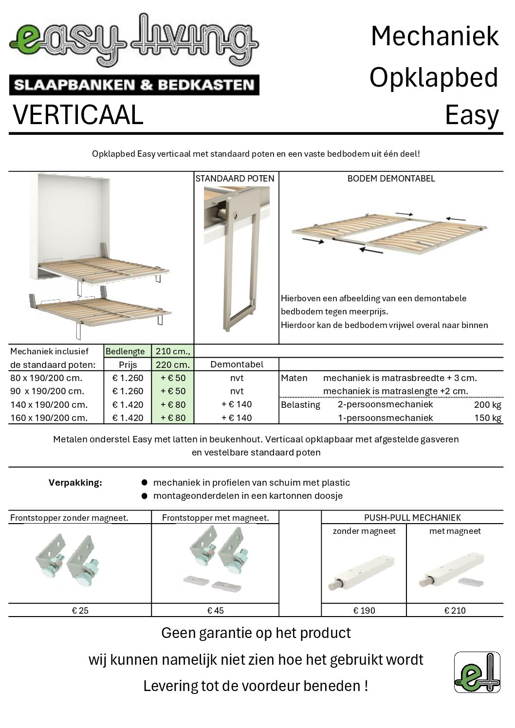 Prijskaart Opklapbed Easy Verticaal