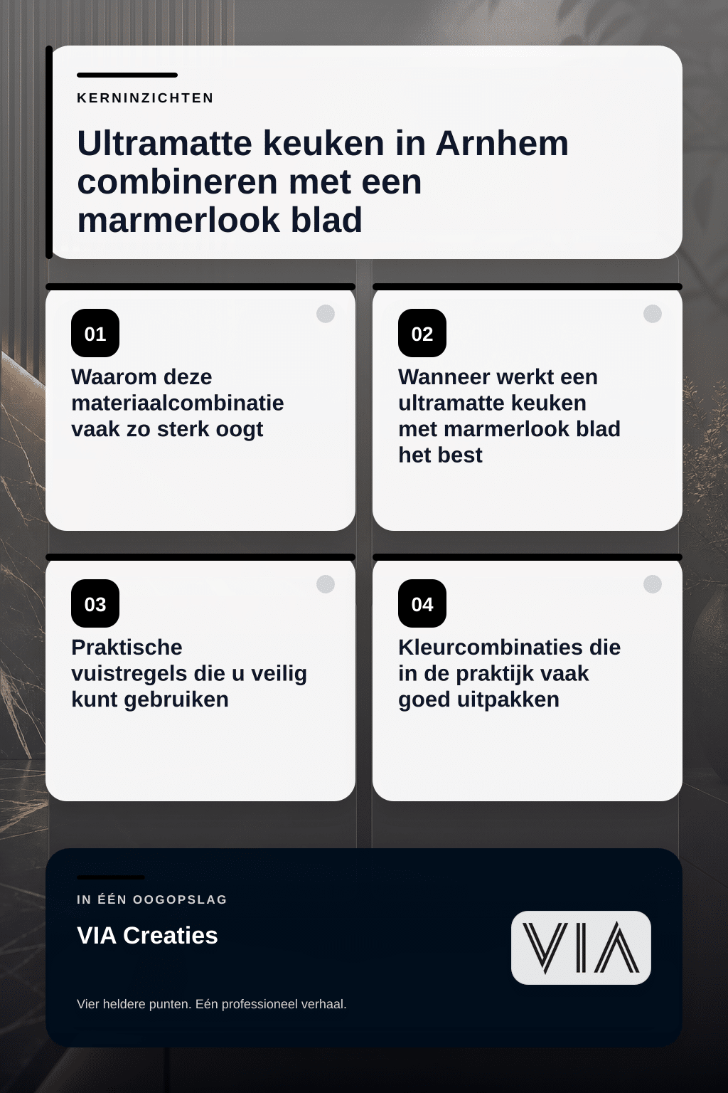 Ultramatte keuken in Arnhem combineren met een marmerlook blad - infographic