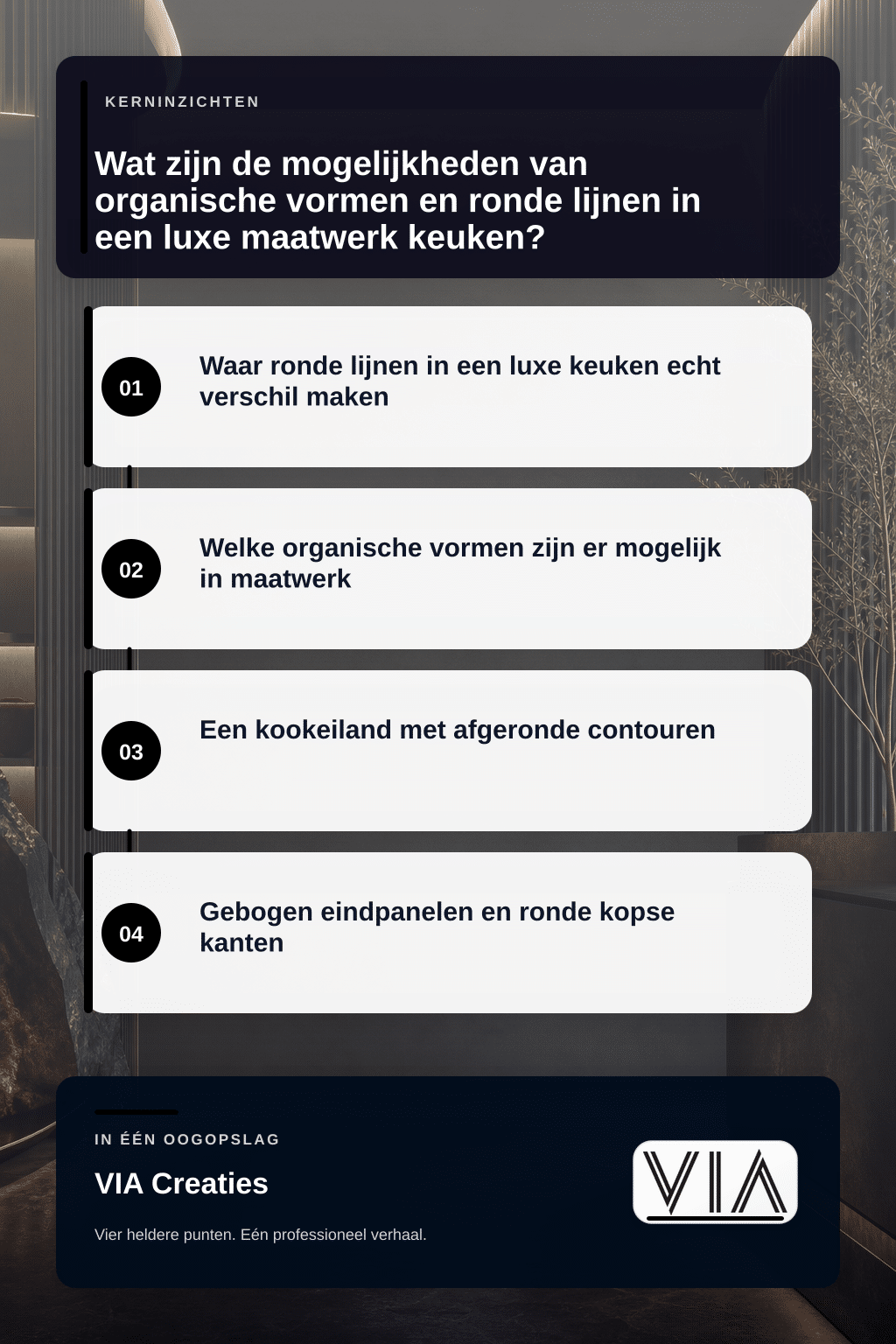 Wat zijn de mogelijkheden van organische vormen en ronde lijnen in een luxe maatwerk keuken? - infographic