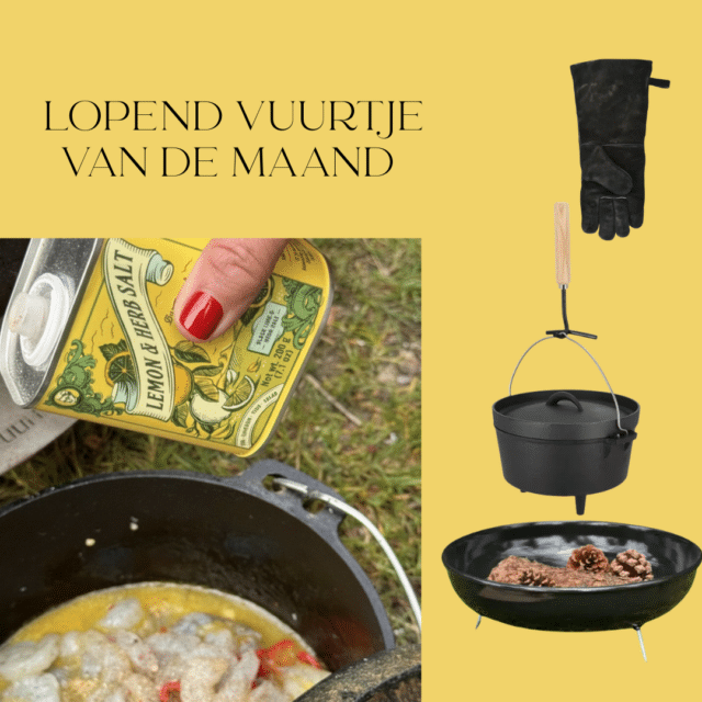 Lopend vuurtje van de maand, vuurschaal, dutch oven en BBQ handschoen