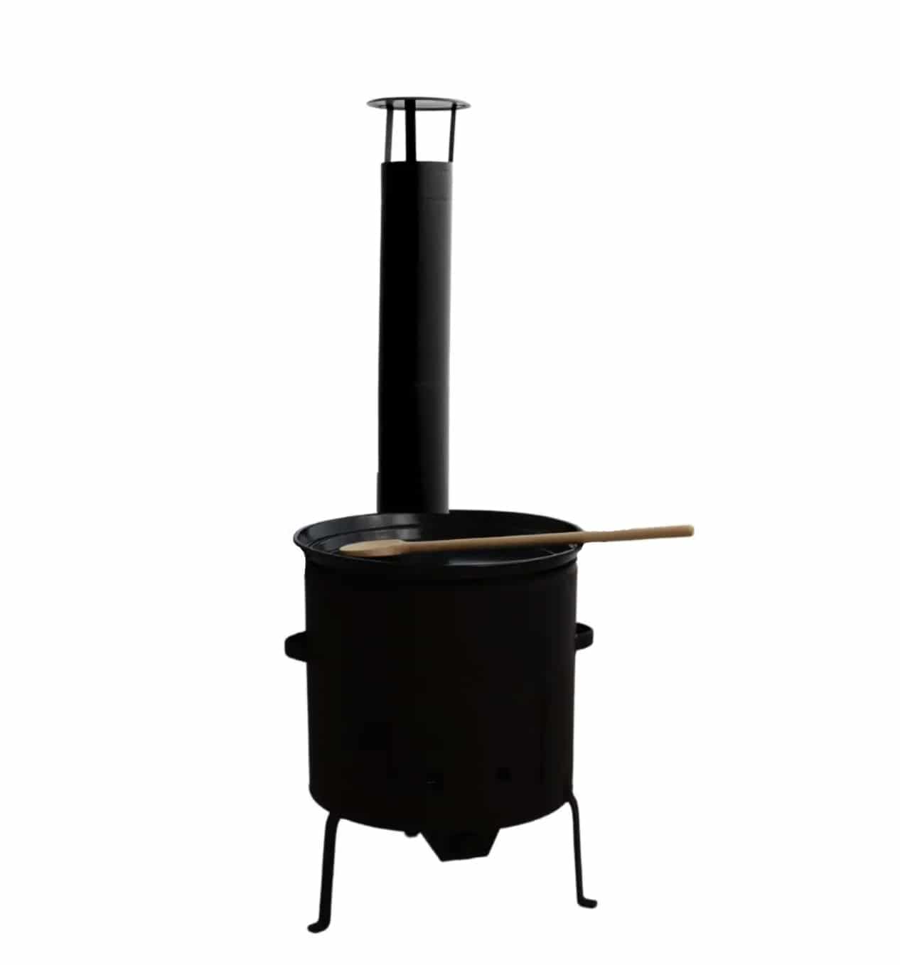 Outdoor cooking stove with griddle and wooden spoon