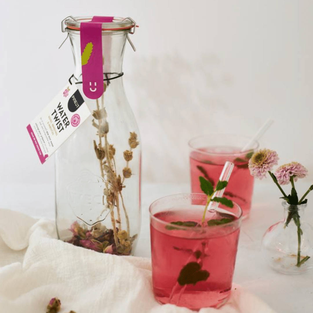 Jarra Pineut rosa, té de montaña, hibisco