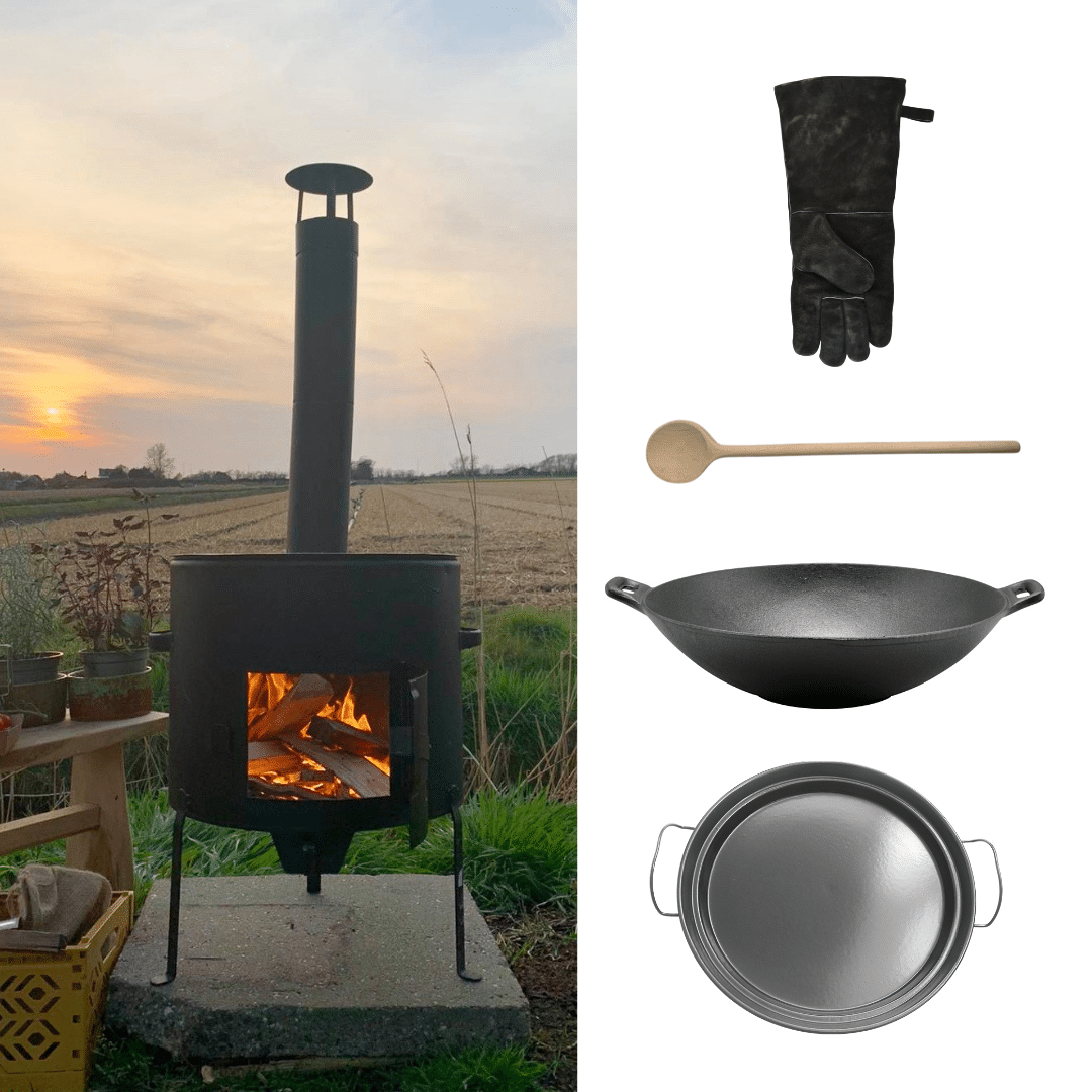 Ensemble de cuisson de luxe pour l'extérieur comprenant un wok en fonte, une plaque de cuisson, un gant pour barbecue et une cuillère.