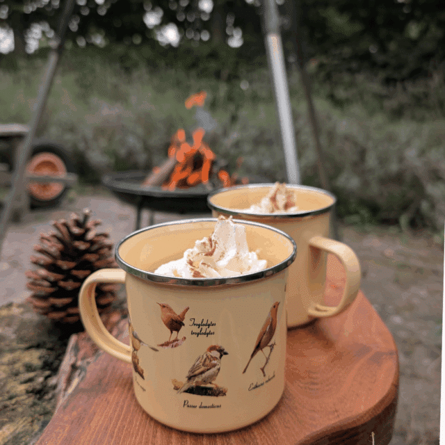 Emaille vogel mok met warme chocolademelk en slagroom VUUR LAB.