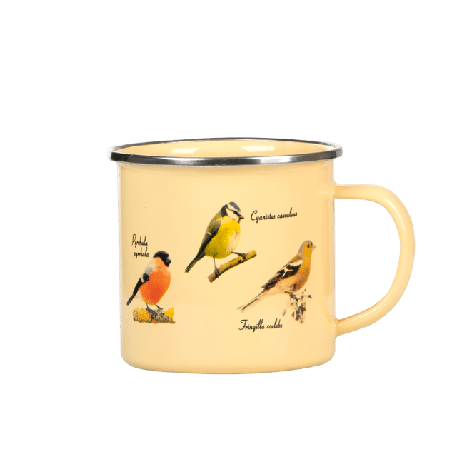 Bonita taza esmaltada con pájaros