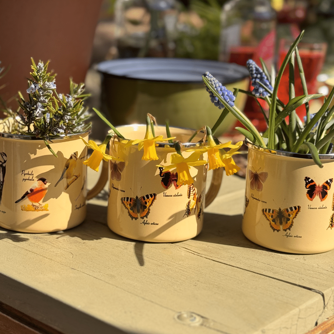 lente mokken emaille vlinder en vogel print