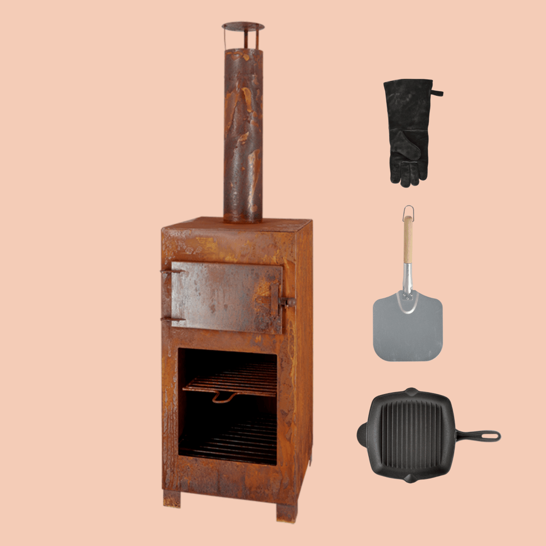 Complete set with Terrace stove with pizza oven pizza scoop Grill pan square and BBQ Glove black