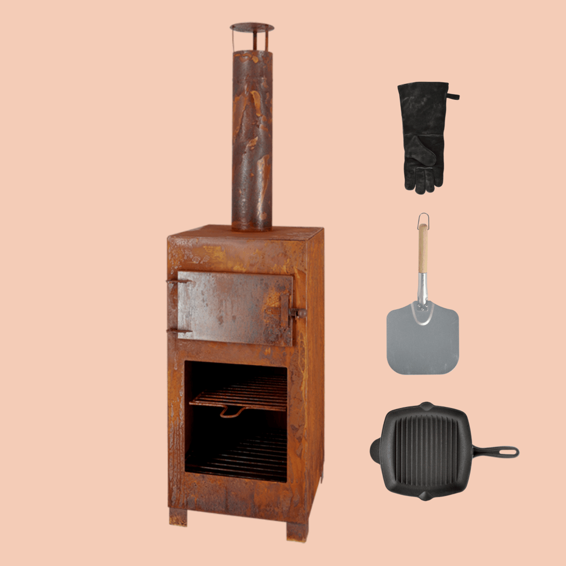 Doorlaatbaarheid Onderzoek Controverse Terraskachel met pizzaoven set inclusief grillpan cast iron, pizzaschep en  BBQ handschoen bestellen bij Het VUUR LAB.®