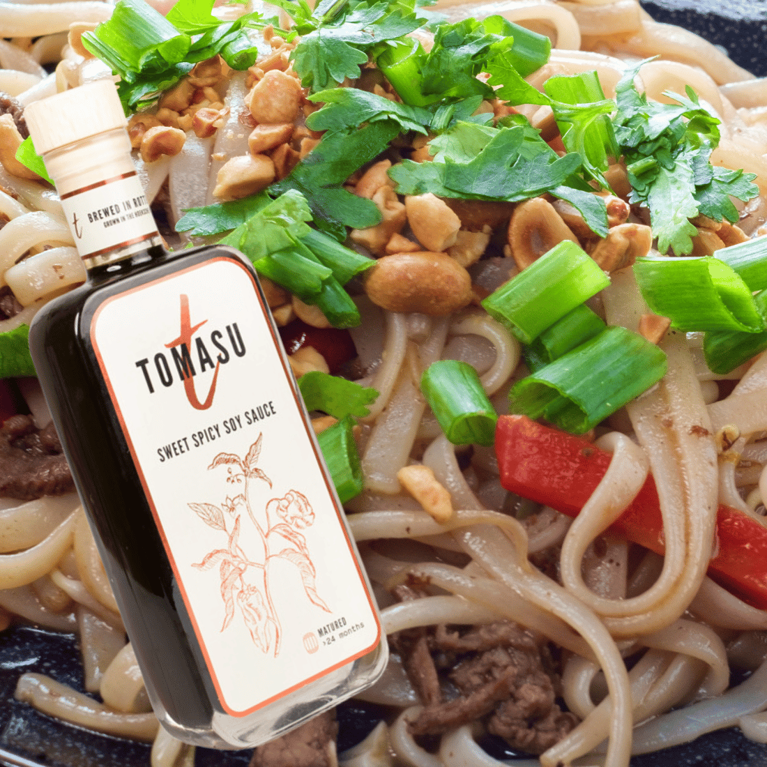 Noodles with Thai Beef marinated in Tomasu