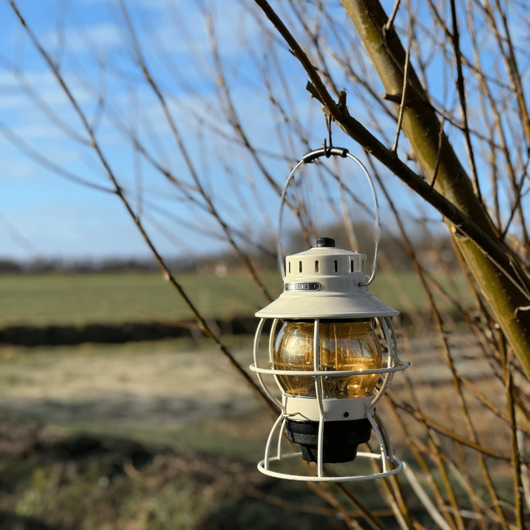 Railroad lantern white van Barebones hangend aan boom