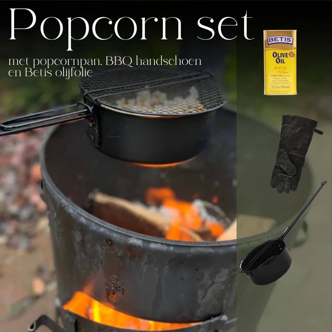 Popcornset met popcornpan, bbq handschoen en betis olijfolie