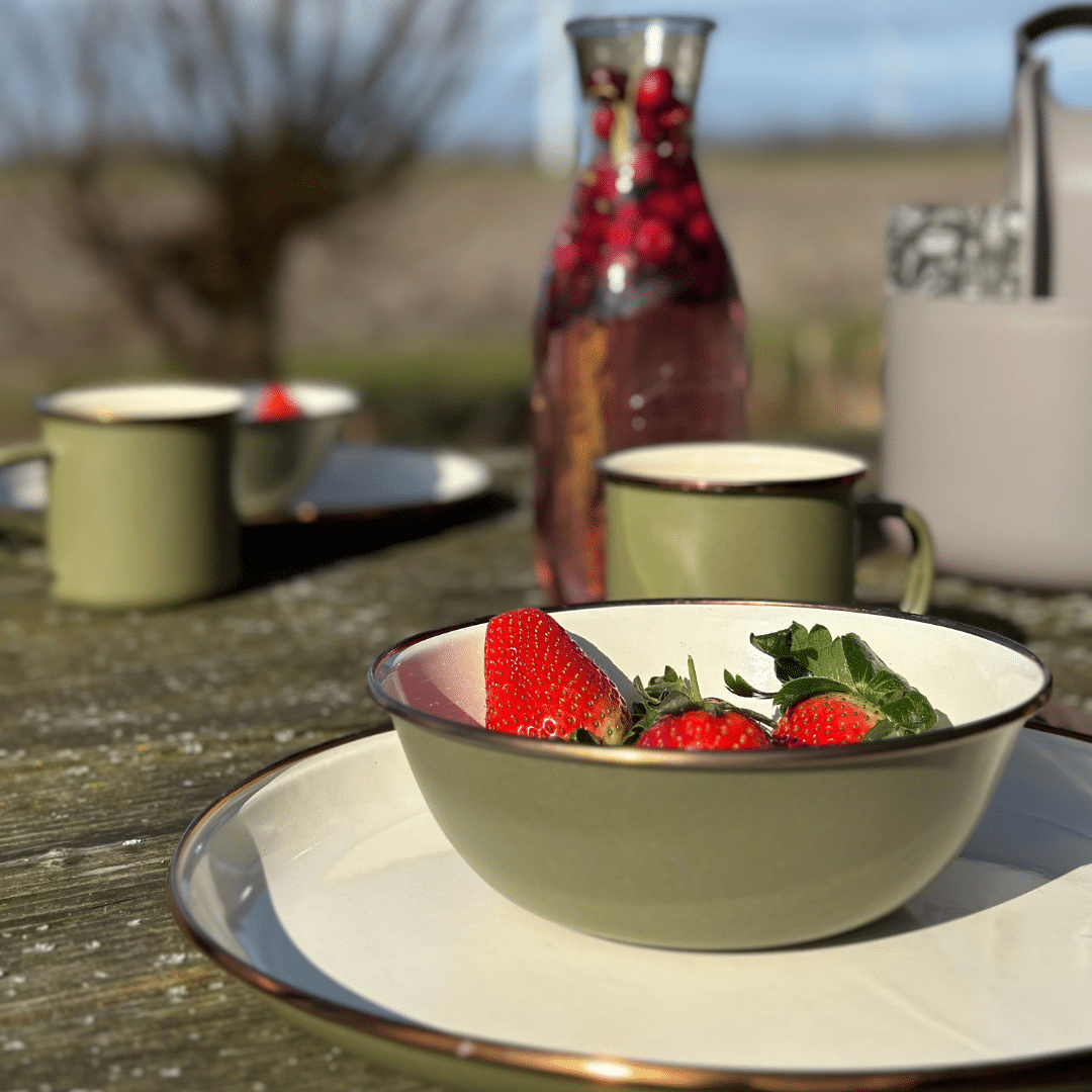Skål Barebones Jordgubbar bordsvatten pineut tranbär