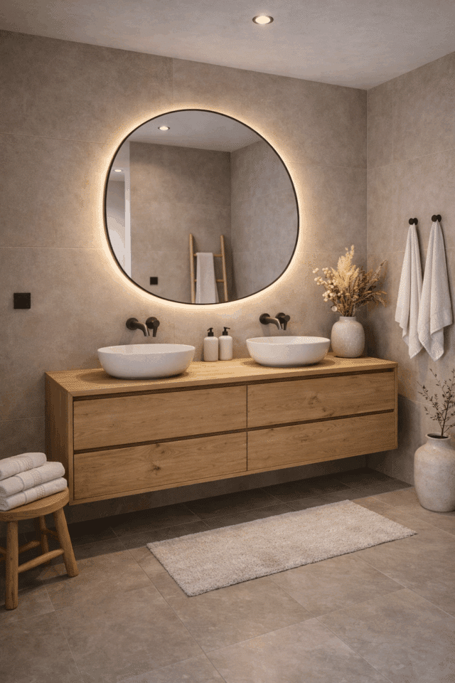 Landelijke badkamer met zwevend massief eiken badkamermeubel