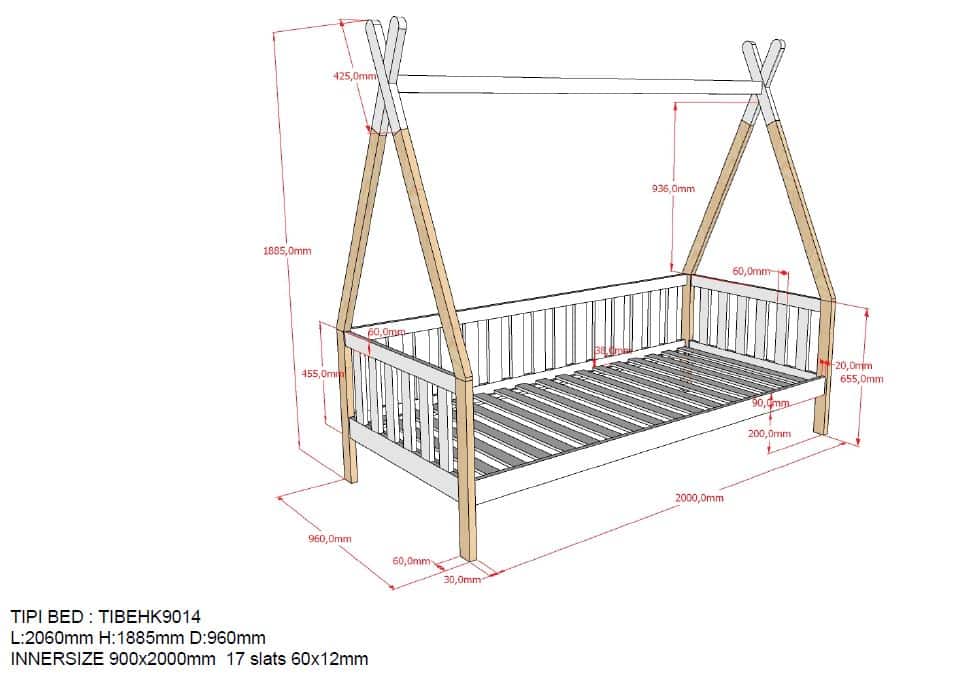 Deze Tipi Combinatie Bestaat Uit Het Verhoogde Tipi Bed 90 X 200 Cm Met Hekje En Natuurkleurige Bedlade