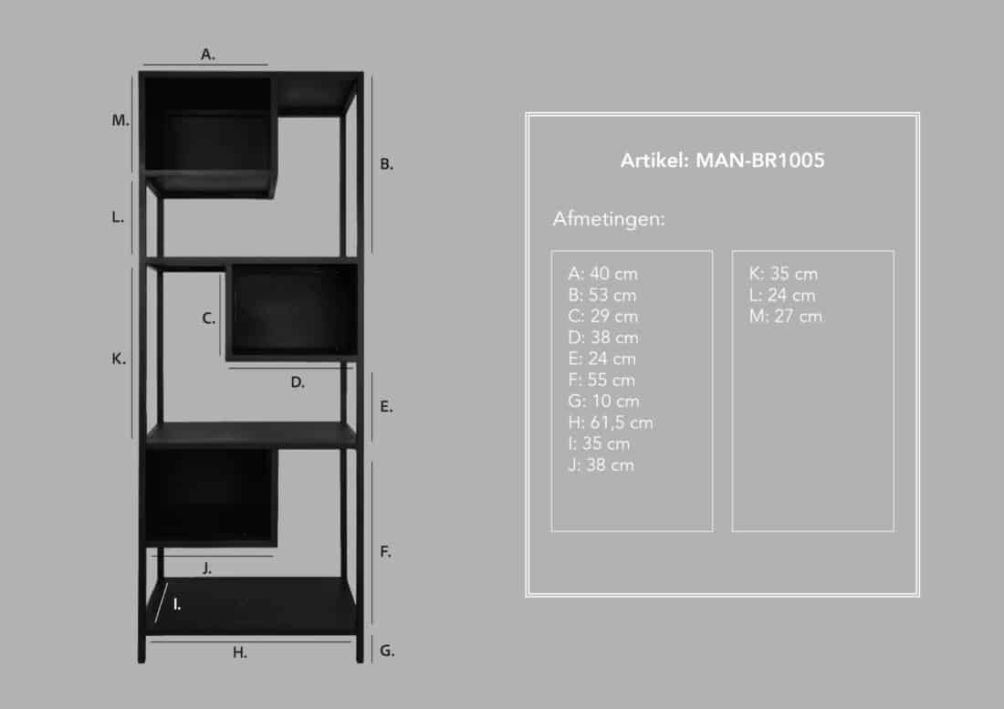 Hsm Collection Open Vakkenkast Manhattan 65x35x175 Zwart Metaal