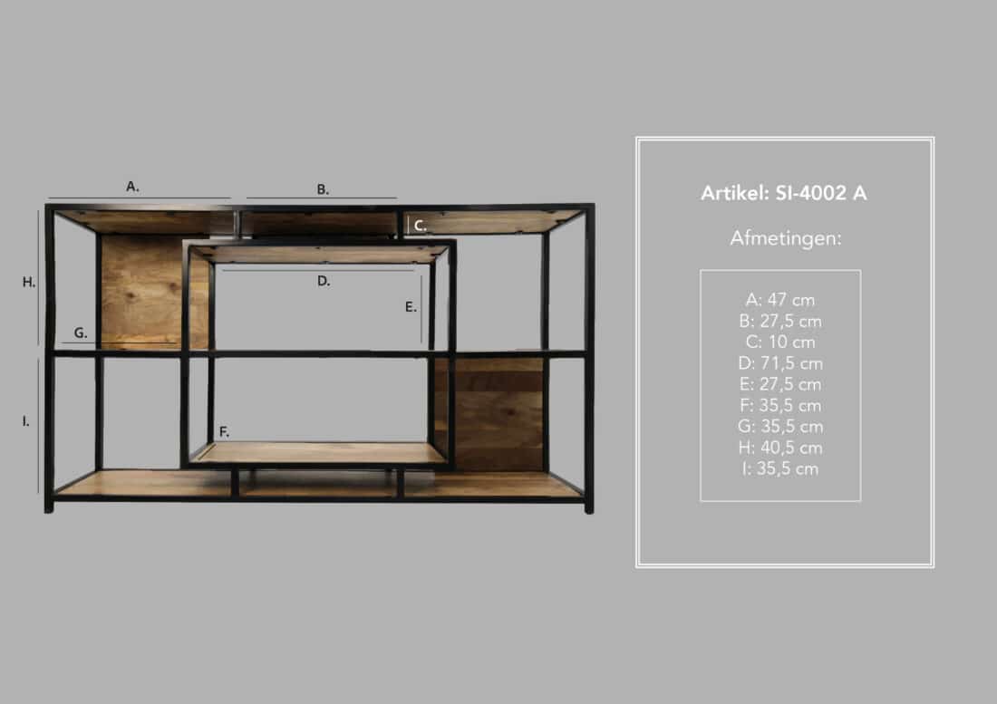 Hsm Collection Open Vakkenkast Levels 150x35x90 Naturel Zwart Mango Metaal