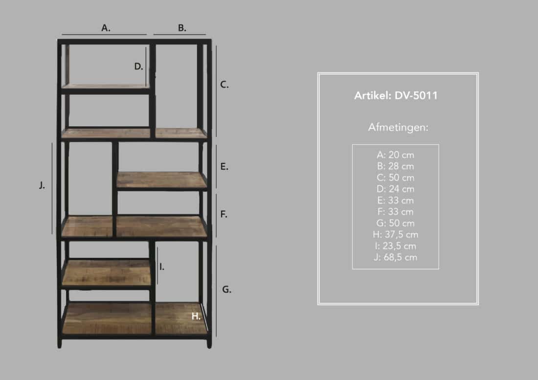 Hsm Collection Open Vakkenkast Levels 80x38x180 Naturel Zwart Mango Metaal