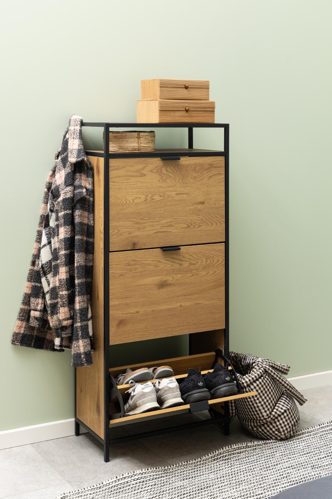 Schoenenkast Seaford 8211 Ruw Eiken Melamine Zwart Metaal
