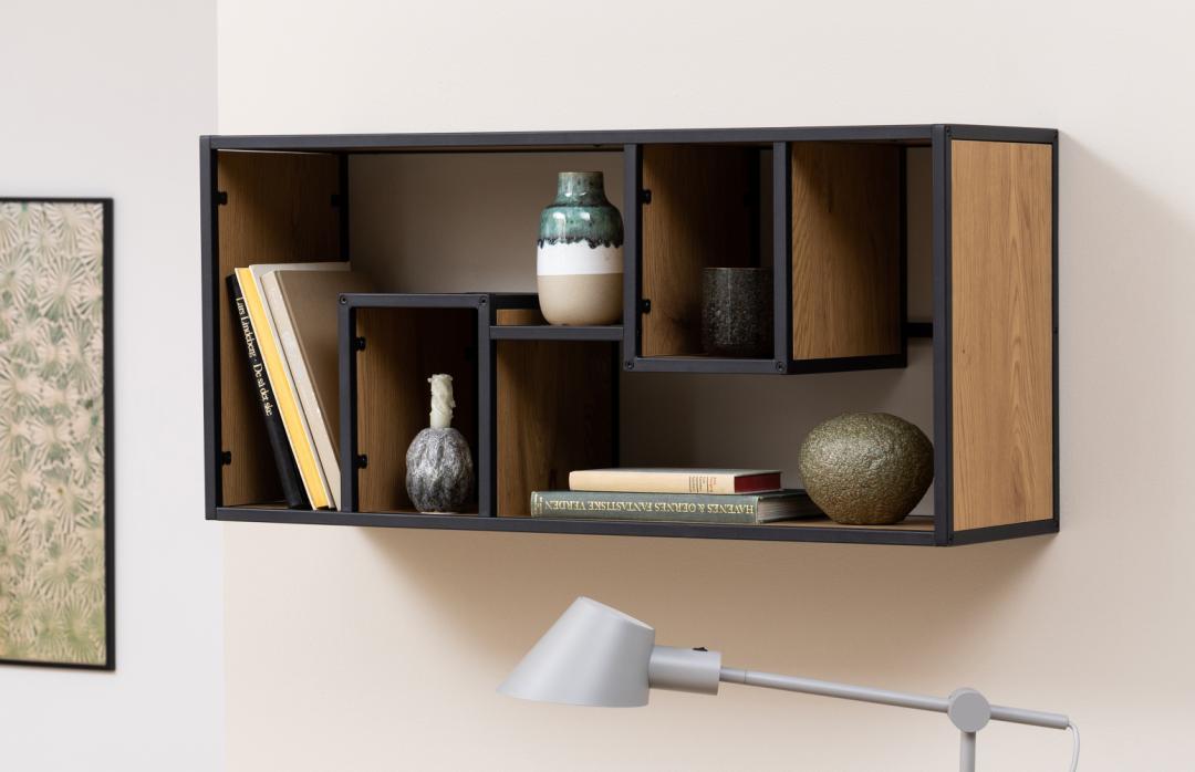 Wandelement Seaford 8211 Mat Zwart Metaal 8211 Wild Eiken Melamine Planken