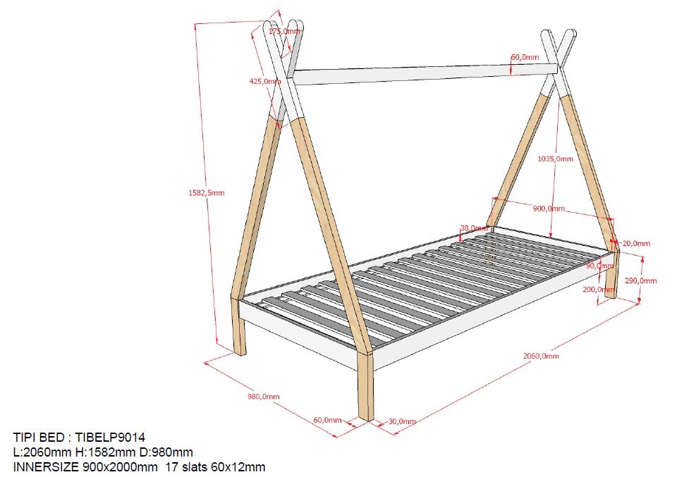 Tipi Bed Lp 90x200cm Wit